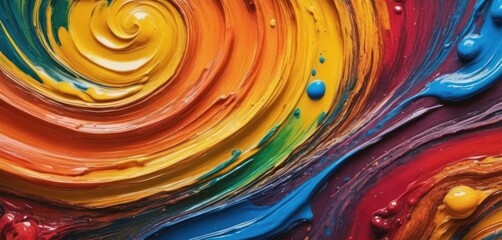  a close up of a colorful painting with lots of paint splattered on it's sides and a spiral design in the middle of the paint.
