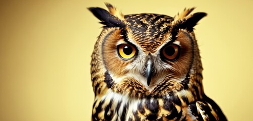  a close up of an owl's face with yellow eyes and a brown and black pattern on its body.