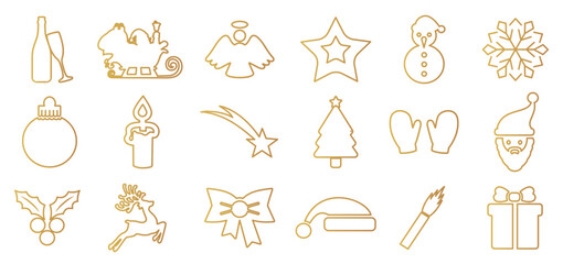 Golden New Year's Eve set icons, Christmas holidays gold icon collection, champagne bottle and glasses, Santa Claus, christmas tree, angel, snowman, fireworks, candle, snowflake, deer, gift, ball