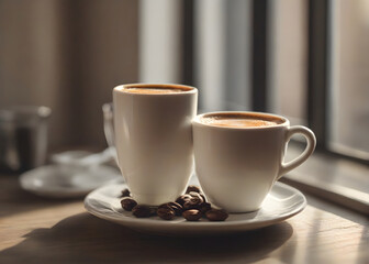 Fototapeta premium Espresso coffee cup on table near window with morning light. Food and drink photography