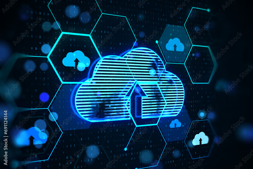Aufkleber Creative glowing hexagonal cloud hologram with binary coding on blurry backdrop. Safety and cloud computing concept. 3D Rendering.
