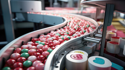 Automated preparation of pink blue sweets, candy factory conveyor belt, food industry, filling and packaging of colorful candies. - obrazy, fototapety, plakaty