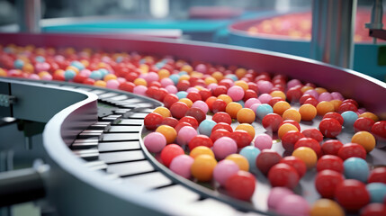 Automated preparation of pastel colors sweets, candy factory conveyor belt, food industry, filling...