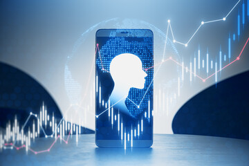 Close up of smartphone with abstract glowing forex chart and human head outline on blue background. AI, big data, trade and human mind concept.