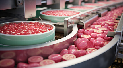 Automated preparation of sweets, candy factory conveyor belt, food industry, filling and packaging of colorful candies.