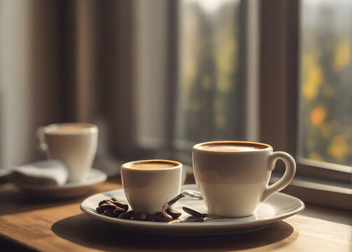 Espresso coffee cup on table near window with morning light. Food and drink photography