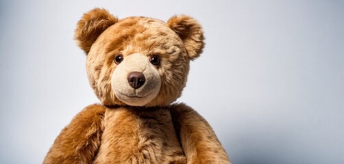  a close up of a teddy bear on a white background with a light blue back ground and a light blue back ground.