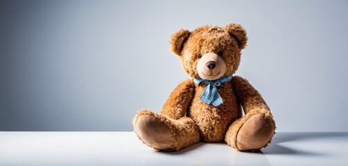  a brown teddy bear with a blue bow tie sitting on a white table with a gray wall in the background.