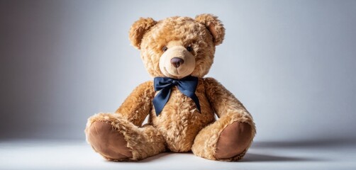  a close up of a teddy bear with a blue bow tie on it's neck sitting on a white background.