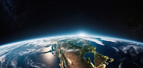  a view of the earth from space with a bright light shining on the middle part of the earth in the foreground. - obrazy, fototapety, plakaty