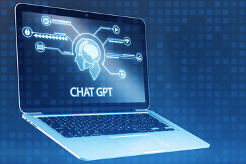 Close up of laptop with creative chat GPT hologram with robot head and various icons on blue background. Chatgpt and bot computer. 3D Rendering.