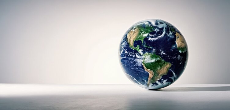  a picture of the earth in the middle of a white room with a shadow on the floor and a white wall in the background.