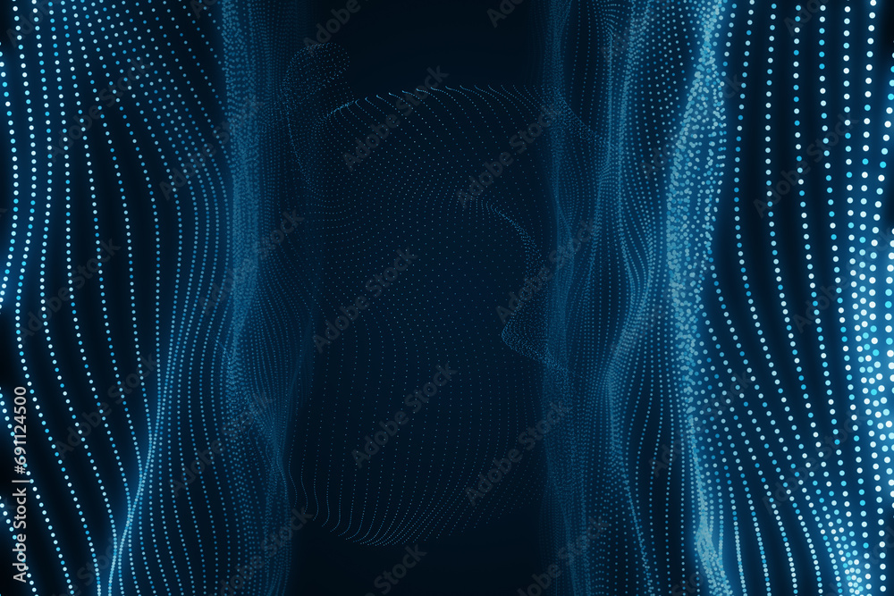 Poster Digital blue particles forming an abstract silhouette in cyberspace, conceptual virtual reality background. 3D Rendering
