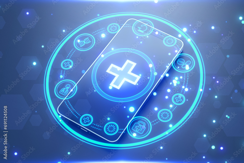 Poster close up of smartphone with creative round medical interface with cross and other icons on blue back