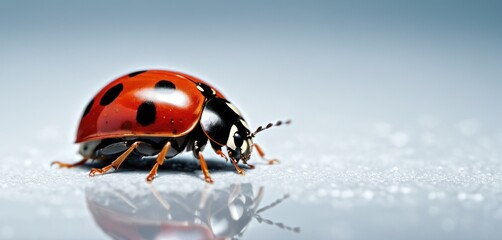  a close up of a ladybug on the ground with drops of water on the ground and a reflection of the ladybug on the ground.