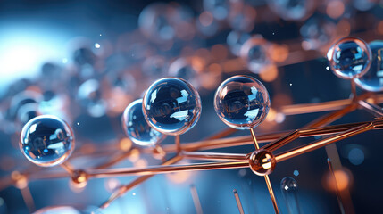 Macro wallpaper with golden Ionized H2O water molecules, electrolysed, microscopic composition. 3d render style, science and chemistry, moisturizing and hydration.