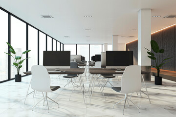 Modern bright coworking office interior with concrete wall, wooden floor, windows with city view, sunlight, shadows and furniture. 3D Rendering.