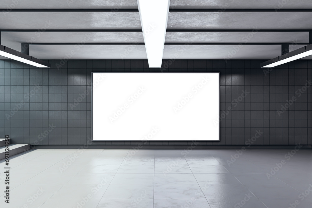 Aufkleber modern underground passage with empty mock up banner, ceiling lamps and stairs. subway tile wall. 3d