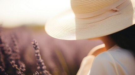 Woman with a sun hat in a lavender field, blurred floral background