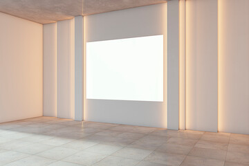 Modern empty gallery room interior with white mock up billboard on illuminated light wall. 3D Rendering.