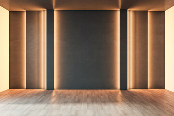 Modern empty gallery room interior with mock up place on illuminated dark wall. 3D Rendering.