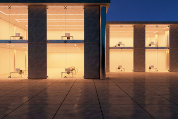 Architectural symmetry of a modern business center with reflective floor at twilight. 3D Rendering