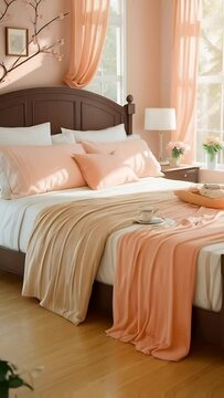 Cute bedroom, soft peach beige color, sunny day
in the style of romantic style.