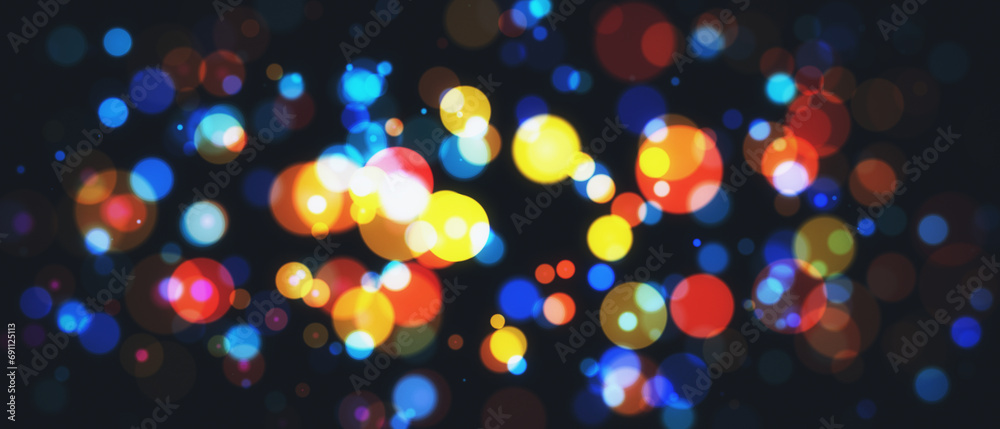 Poster Abstract blurry bokeh Christmas on wide background. Landing page concept. 3D Rendering.