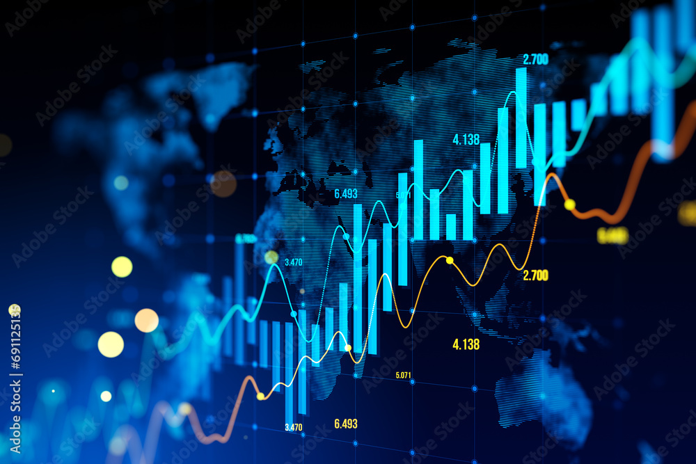 Poster glowing candlestick forex chart on blurry blue background with map. trade, finance and stock concept