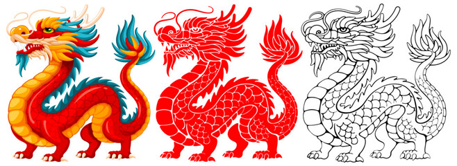 Chinese dragon funny vivid characters set, red, turquoise, yellow colors, cartoon style, silhouette and sketch. Symbol of 2024 Chinese New Year, year of the dragon by lunar calendar. Vector