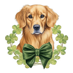 Golden Retriever Irish st patricks day dog, dressed as leprechaun - isolated on transparent background