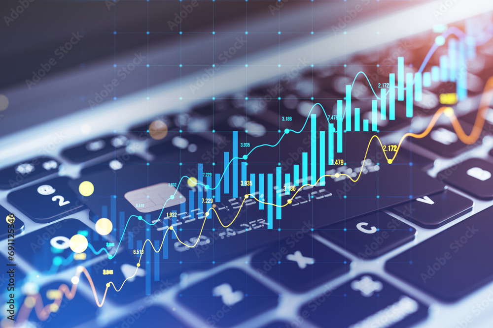 Poster close up of laptop keyboard and bank card with glowing candlestick forex chart on blurry background.