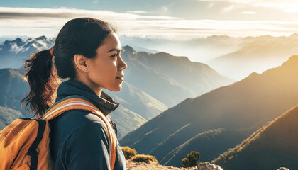 Profile portrait of a woman hiker on the peak of a mountain contemplating the mountain landscape with copy space; lifestyle concept; outdoor activities and sports; side view. - obrazy, fototapety, plakaty