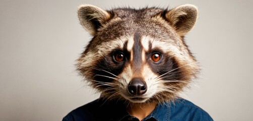  a close up of a person wearing a raccoon's head and wearing a blue shirt and tie.
