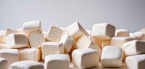  a pile of white marshmallows sitting on top of a wooden table next to another pile of white marshmallows.