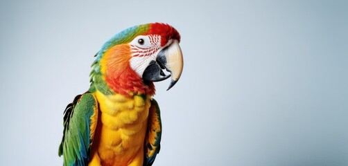  a colorful parrot sitting on top of a wooden perch next to a white wall and a blue sky in the background.