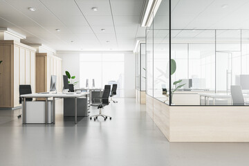 Modern bright coworking office interior. 3D Rendering.