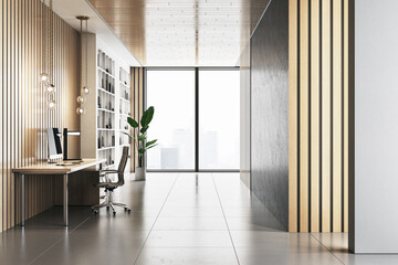 Modern wooden home office interior with windows and city view, decorative lamps, workplace and bookshelf. 3D Rendering.