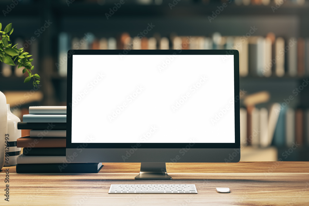 Poster Sleek monitor on desk with books in soft lit library, modern digital workspace. 3D Rendering