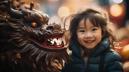 portrait of an asian girl next to a dragon. chinese new year celebration. - obrazy, fototapety, plakaty