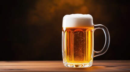 A full mug of beer with frothy head on a wooden table against a dark backdrop