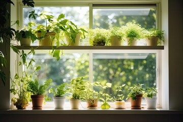 Fototapeta na wymiar window sill garden with various plants