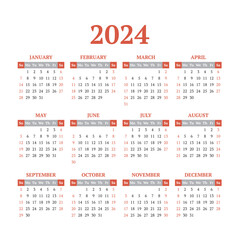 Simple vector calendar for 2024. Start from Sunday