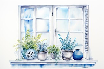 Watercolor illustration of a windowsill with potted plants.