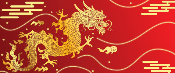 chinese dragon on red background. Chinese New Year 2024 vector. Chinese dragon, line drawing gold modern pattern. Dragon head for card design print media. China lunar calendar animal. Vector EPS 10.