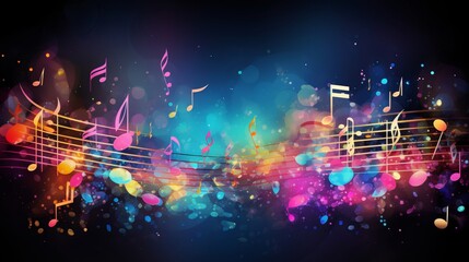 vibrant musical harmony: colorful notes background with sheet music, disc, and treble clef - illustration for creative projects - obrazy, fototapety, plakaty