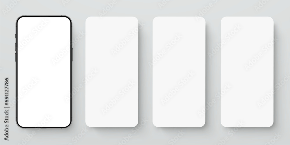 Poster smartphone mockup with set white blank mobile screens – stock vector