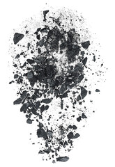 Charcoal dust with fragments on a white background, top view. Black dust powder.
