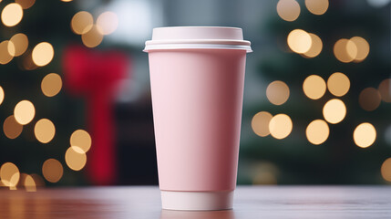 Paper cup with coffee сlose up. Pink coffee cup. Christmas tree with lights on the background....