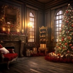 Christmas tree in a room, christmas decorations ,Generated AI